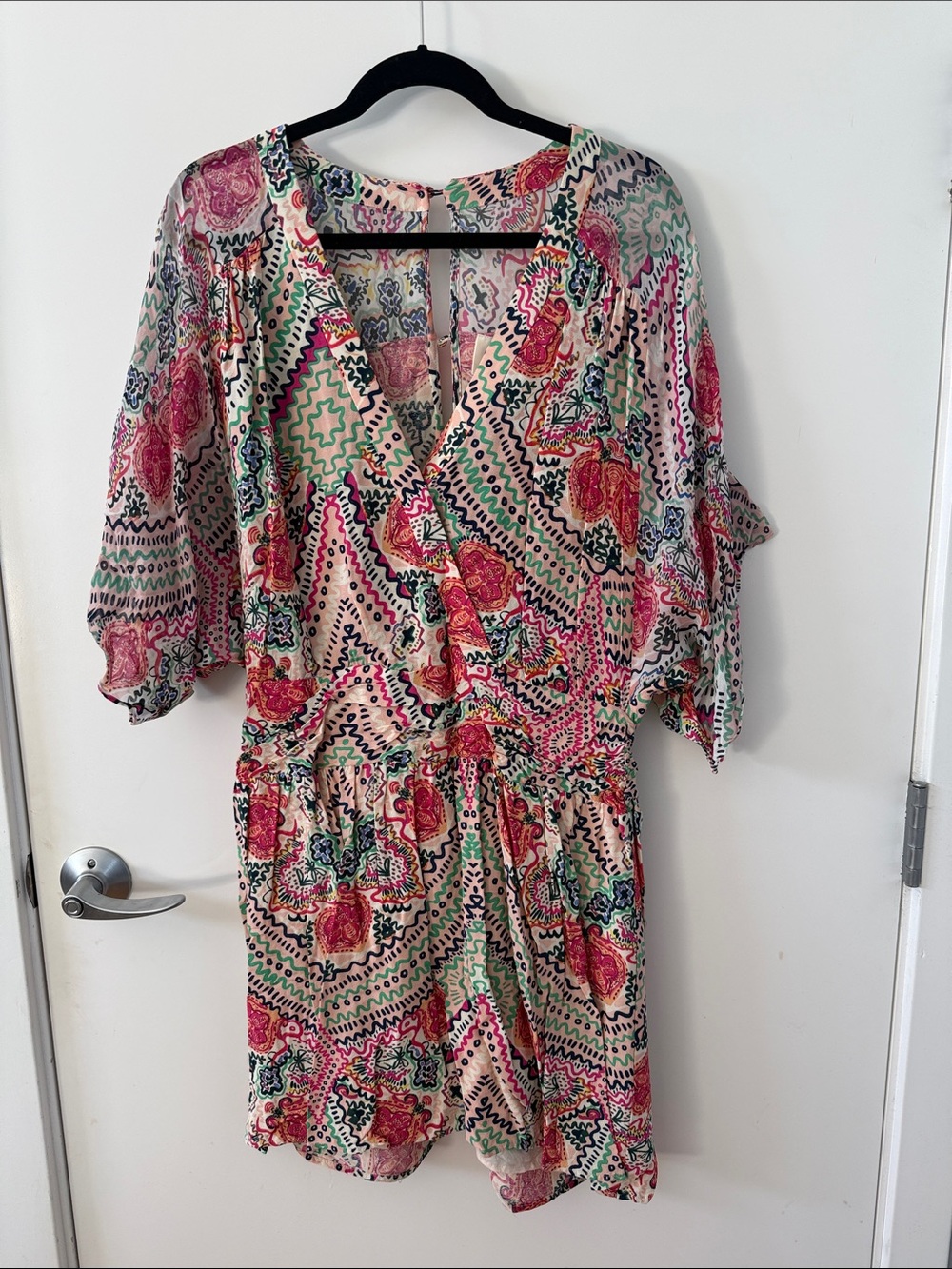 Maeve Floral V‑Neck Mini Dress Romper in Pink, Green & Cream
